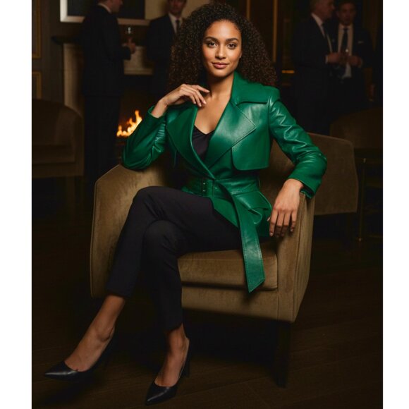 Mugler - Belted Leather Biker Jacket - Emerald Size 38 FR, 6-8 US - Picture 2 of 14